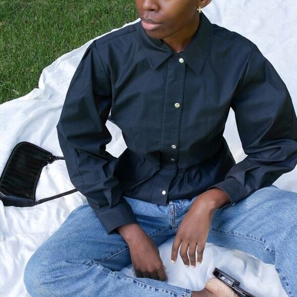 Thakoon Fitted Puff Sleeve Shirt Jacket Navy Blue Collar Full Zip NWT Size 6 - Picture 2 of 8